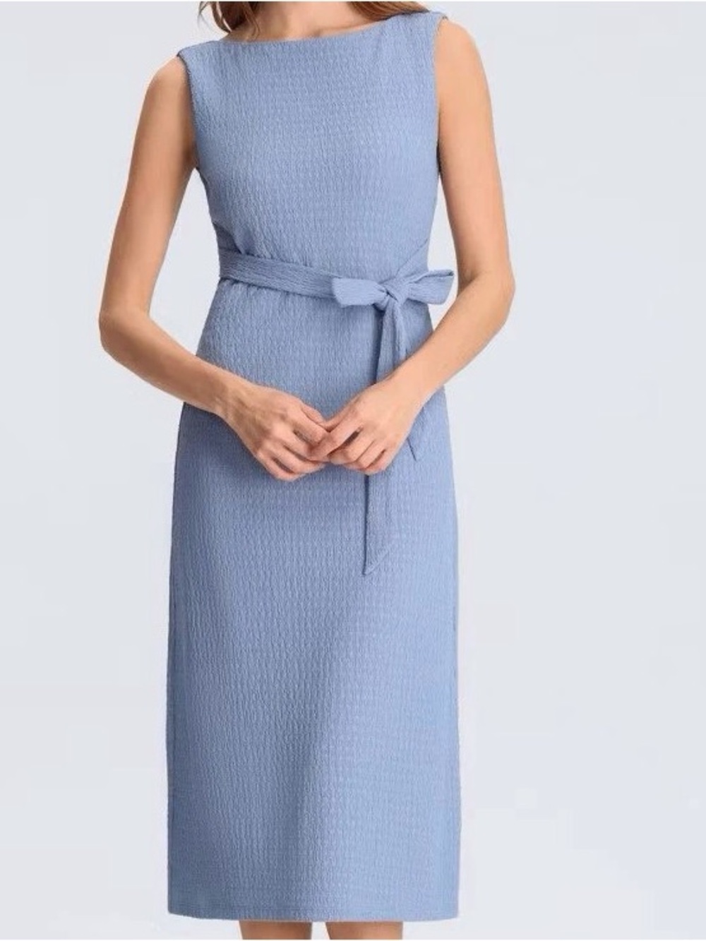 Sleeveless Light Blue Midi Sheath Dress with Waist Tie